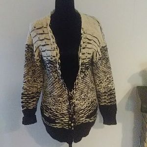 Black/white wool blend cardigan sweater.